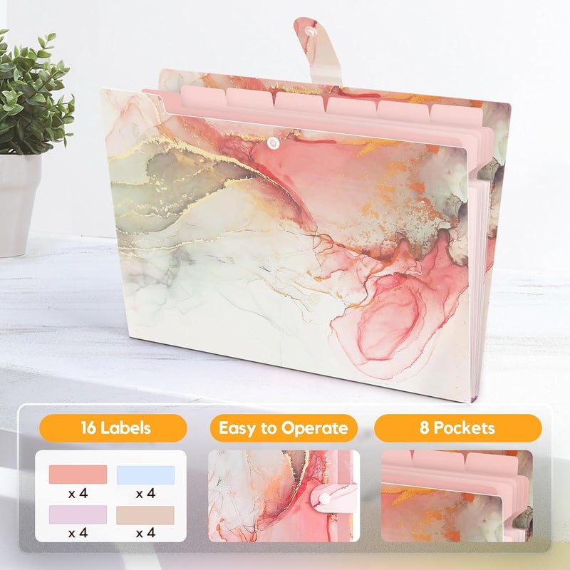 Rihan Expanding File Folder, Folders for Important Documents Organizer, Accordion File Organizer, Aesthetic Folders for School Students, 8 Pockets File Folder for Home Bills (White Gold Marble) - Image 2